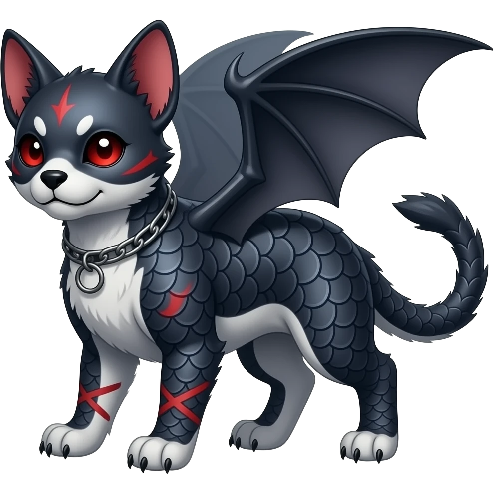 Digitigrade quadrupedal gothic cool edgy cute midnight scaly blue-gray-black, with red markings, white belly, scaley Bastet-Salandit-Absol-Umbreon-Litten-Noibat-Digimon-Fakémon-Pokémon-creature (full body), with bat wings, with bat-head-wings emoji
