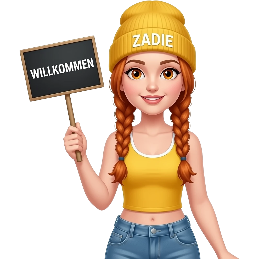 sexy girl with overlong ginger braids and ginger eyes wearing a yellow tanktop and a yellow beanie with ZADIE written on it, is holding a black sign with WILLKOMMEN written on it emoji