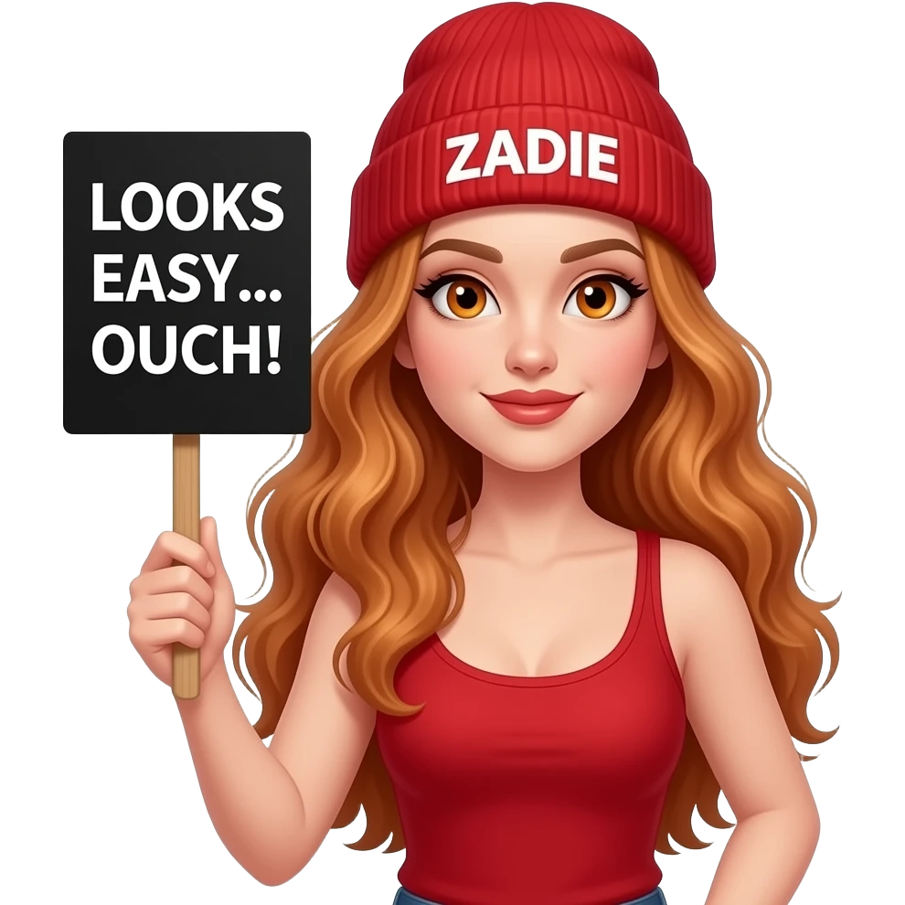 sexy girl with overlong wavy ginger hair and ginger eyes wearing a red tanktop and a red beanie with ZADIE written on it, is holding a black sign with LOOKS EASY... OUCH! written on it emoji