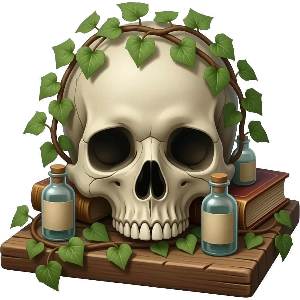 realistic cinematic - Joel Peter Witkin style - still life arranged on a wooden board, includes a corpse's head, tiny dusty bottles, old battered books, some wrapped ivy emoji