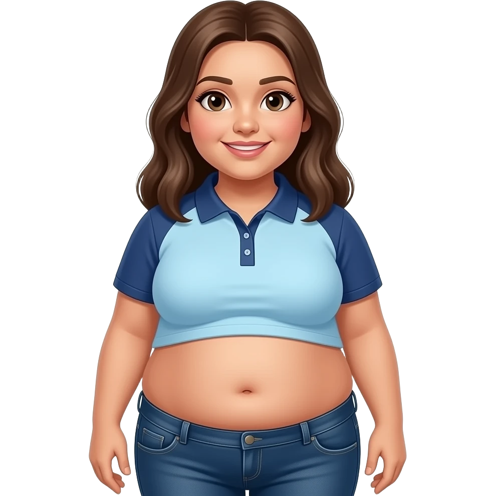 Obese hispanic girl with brown hair, light blue and dark blue polo, and dark blue jeans with a belly button emoji
