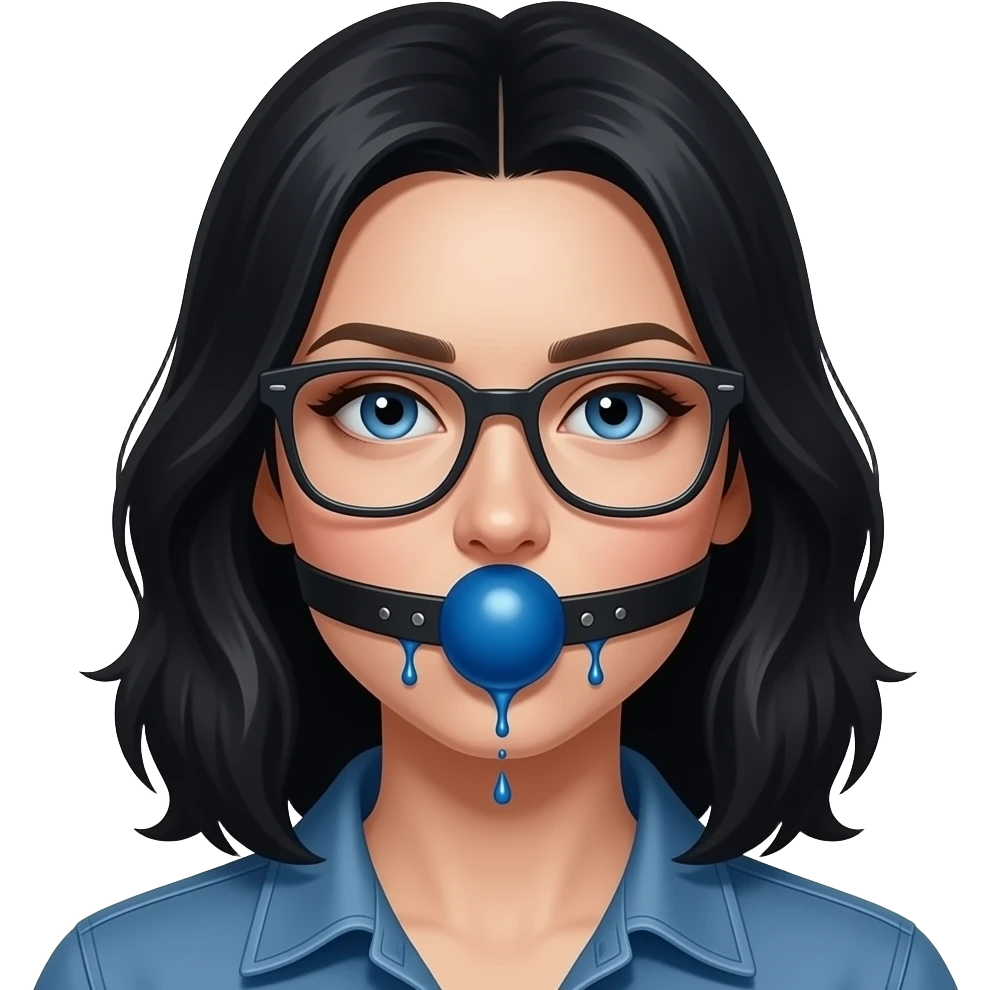 Submissive Ukrainian with black hair and blu eyes and glasses and gag ball and cum on her face emoji