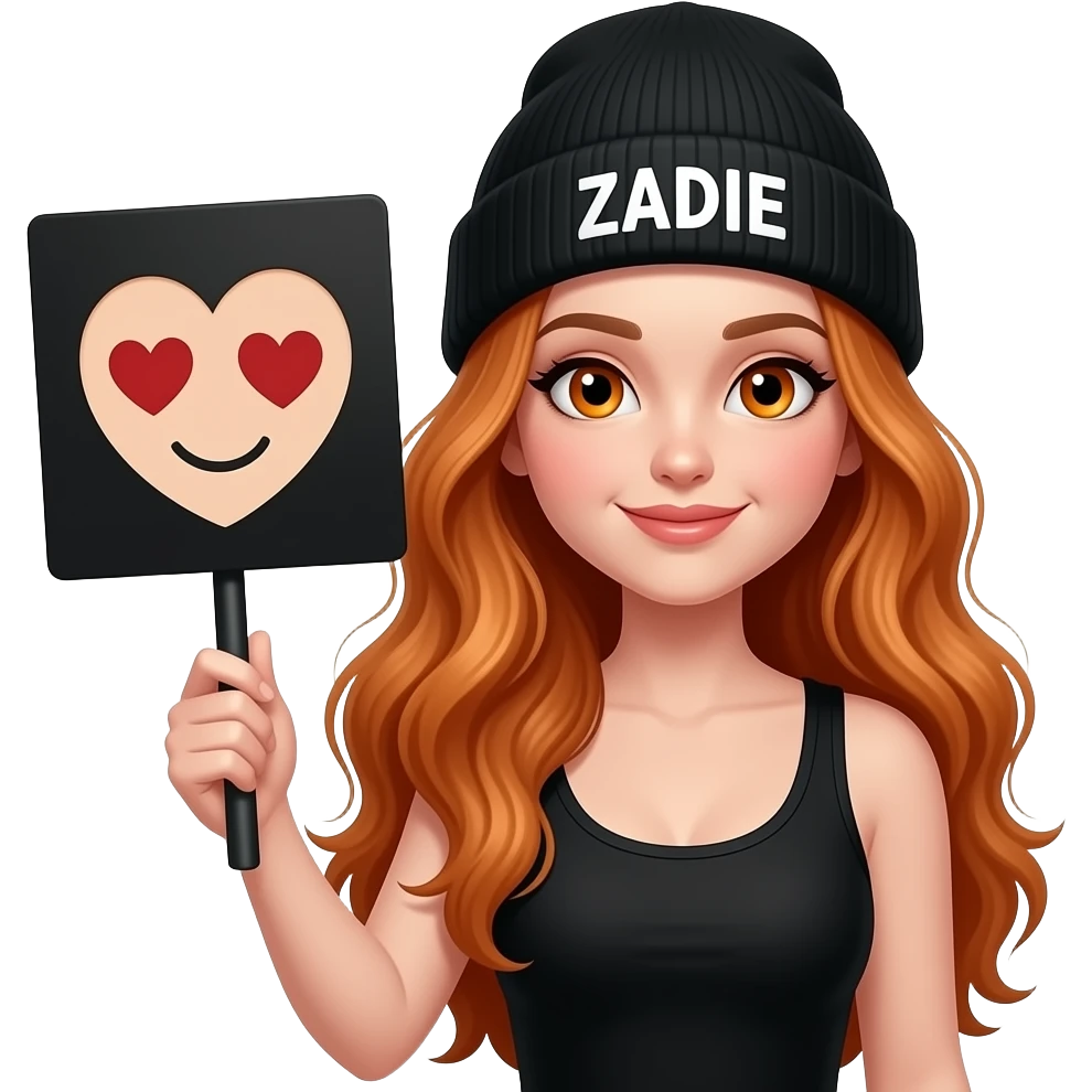 sexy girl with overlong wavy ginger hair and ginger eyes wearing a black tanktop and a black beanie with ZADIE written on it, is holding a black sign with 😍 on it emoji