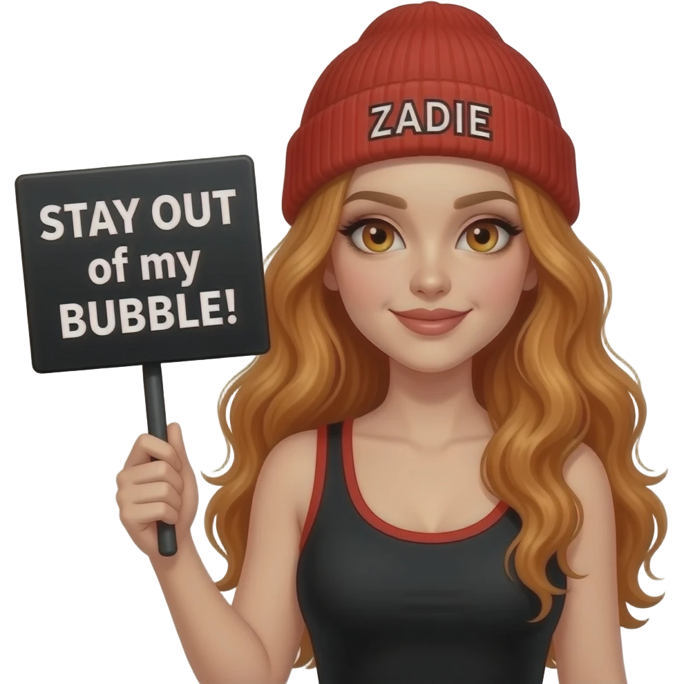 sexy girl with overlong wavy ginger hair and ginger eyes wearing a black red tanktop and a red beanie with ZADIE written on it, is holding a black sign with STAY OUT of my BUBBLE! written on it emoji