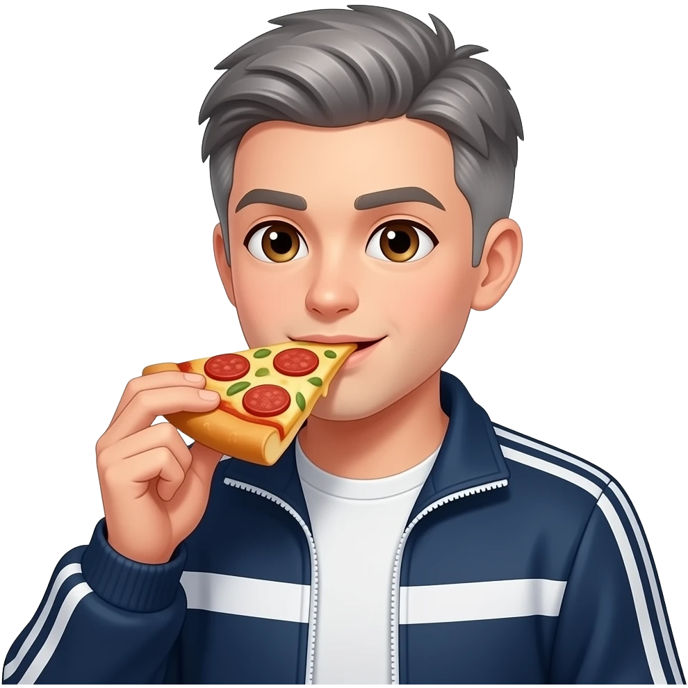 Persona con occhi marroni capelli corti e leggermente grigi con tuta che mangia pizza emoji