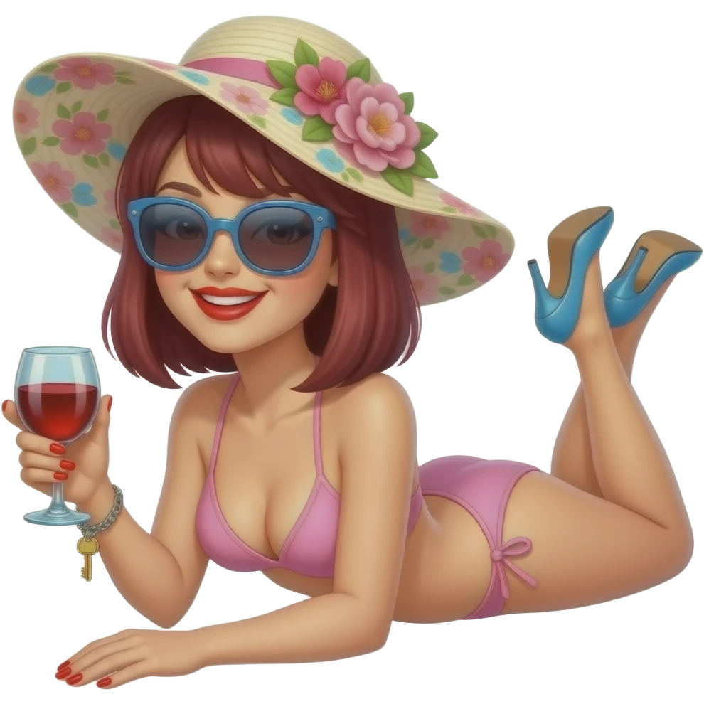 Woman. Burgundy, straight shoulder-length hair, lying down, sunbathing. baby pink bikini. very high blue stiletto heels. bright red lipstick. bright red nail polish. smiling. Ankle chain with small key dangling off. glass of red wine in one hand. flowery sun hat. large sunglasses. emoji