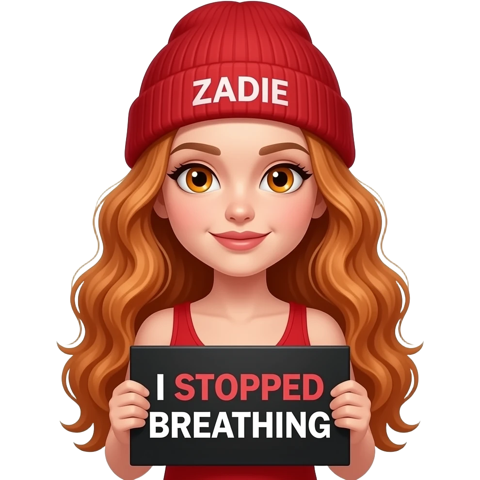 sexy girl with overlong wavy ginger hair and ginger eyes wearing a red tanktop and a red beanie with ZADIE written on it, is holding a black sign with I STOPPED BREATHING written on it emoji