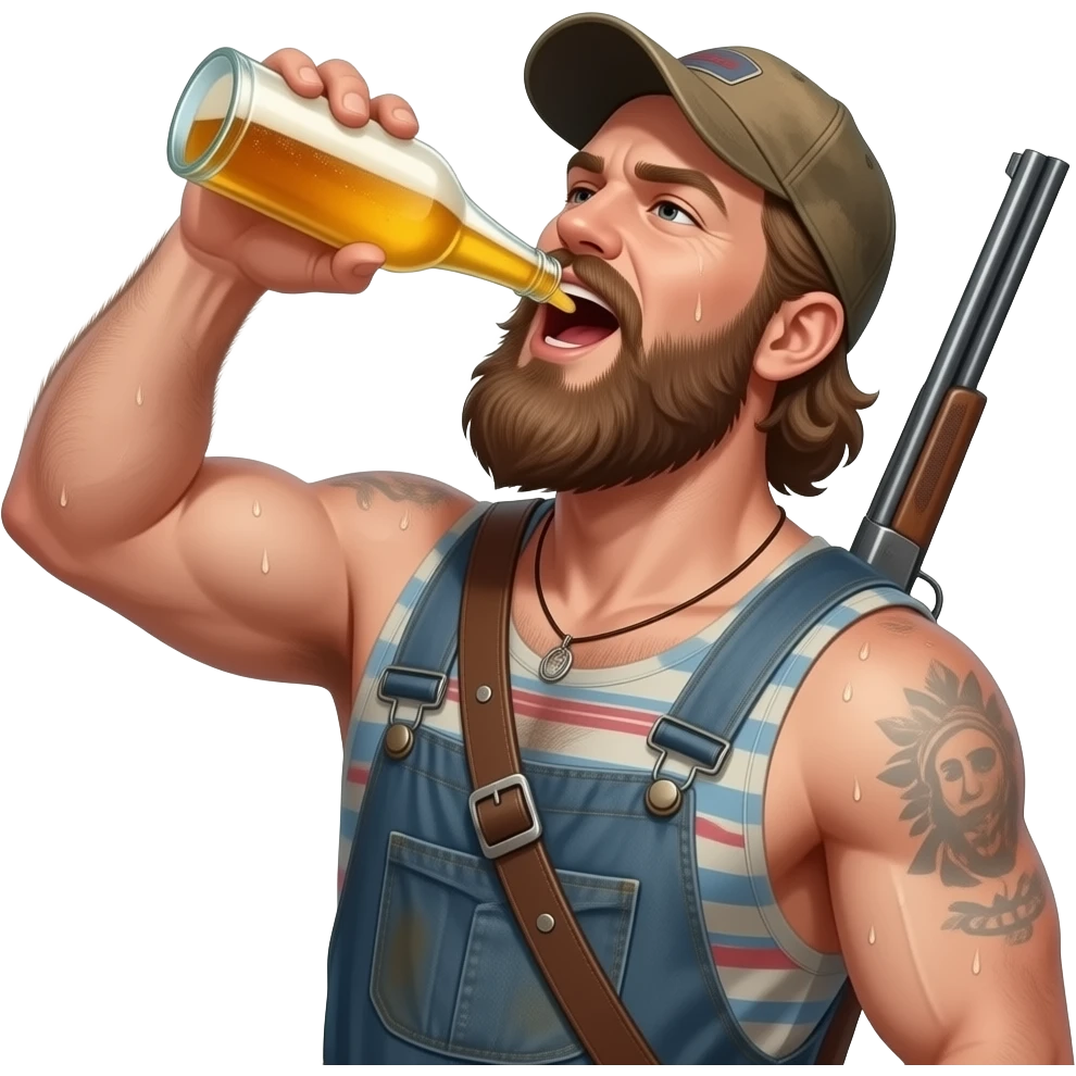 Portrait von einem nackten, typischen redneck mit alten cap. Er ist maskulin, behaart. Seine Haut ist staubig und verschwitzt. Er gießt sich von weit oben ein Bie in den offen Mund, er hat eine Schrotflinte um seinen Rücken umgehängt. Er hat ein ungepflegten, zottligen lange Bart. emoji
