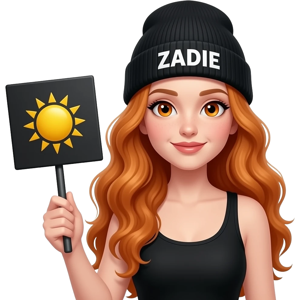 sexy girl with overlong wavy ginger hair and ginger eyes wearing a black tanktop and a black beanie with ZADIE written on it, is holding a black sign with 🌞 on it emoji