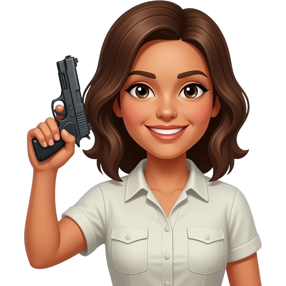 yellow female with brown hair short sleeve shirt emoji 👩🏽 smile 😃 with holding 🔫 to side of head emoji
