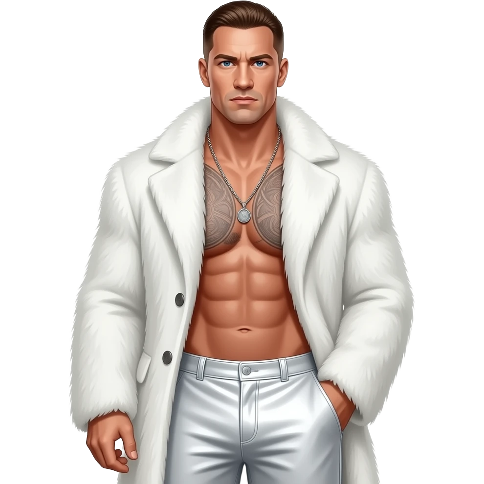 John Cena with blue eyes, brown hair, white fur coat, white metallic baggy pants, shirtless with necklace emoji