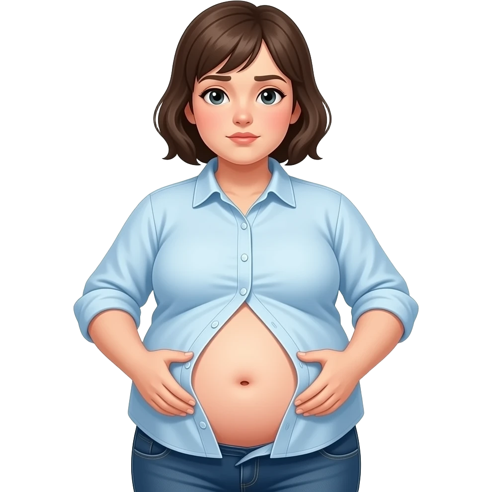 a girl with a huge stomach that is full to bursting,so bloated that she gets a tummyache,her bellybutton is poking out and her shrunk tight shirt buttonholes are at breaking point. emoji
