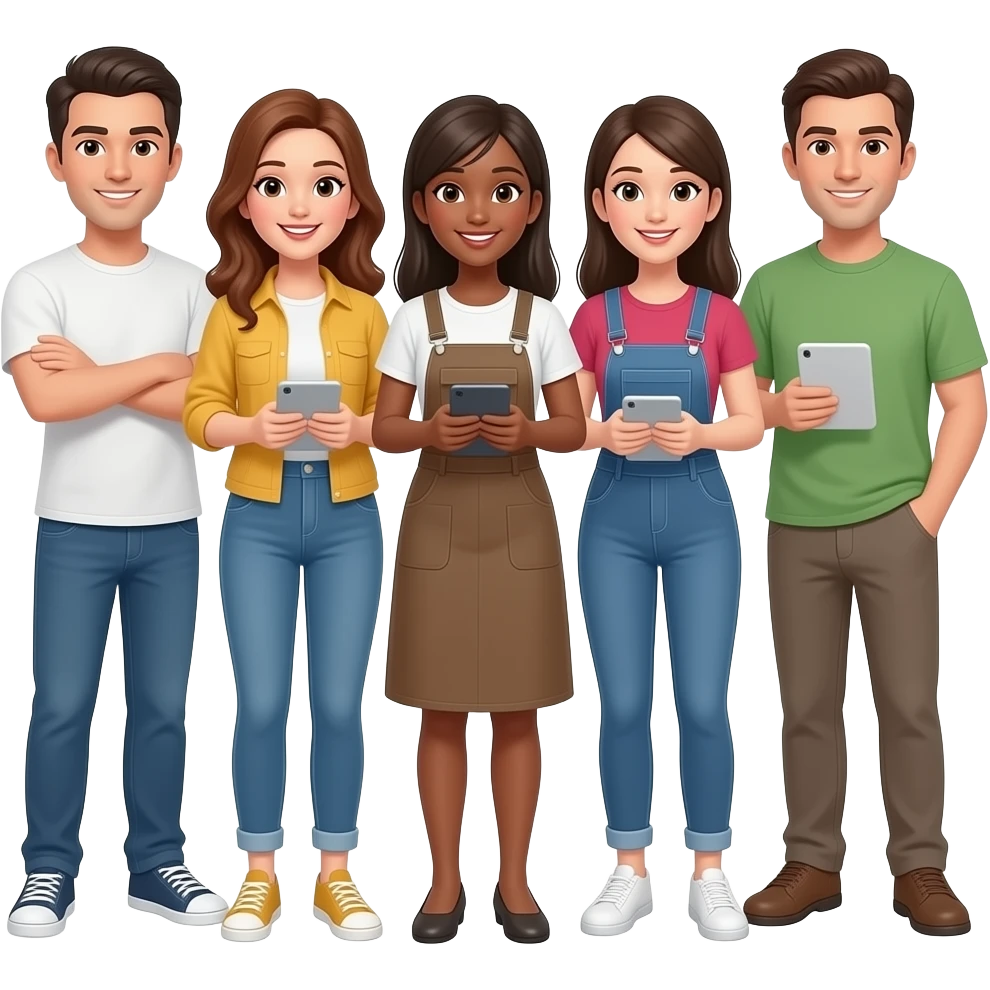 un gruppo di persone che lavorano, vestite casual. 3 donne e due uomini emoji