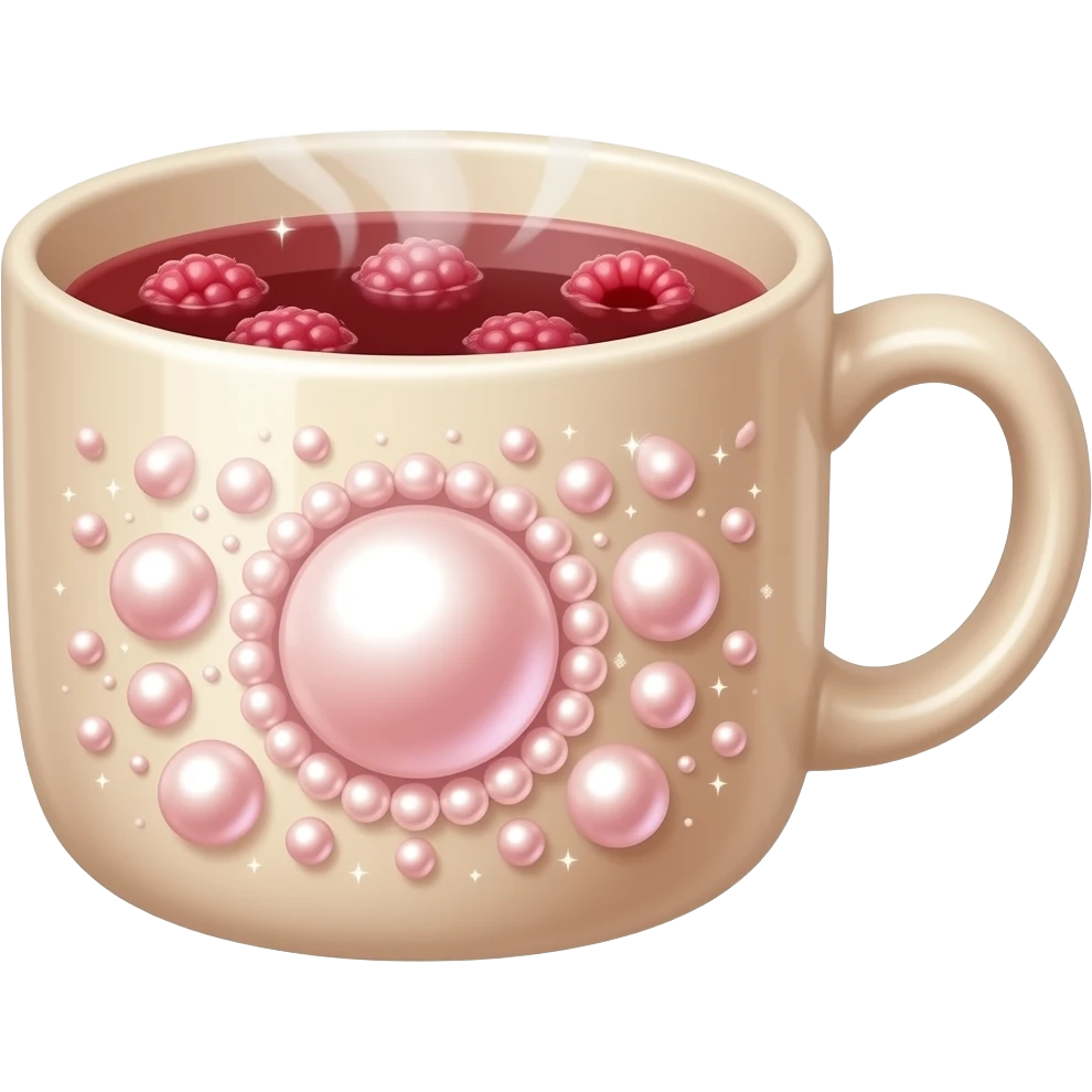 soft beige mug filled with steaming hot raspberry tea, decorated with blush beige pearl and sparkly embellishments (aesthetic, cute) emoji