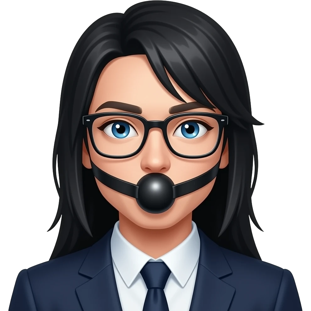Submissive Ukrainian with black hair and blu eyes and glasses and gag ball., waiting for piss emoji