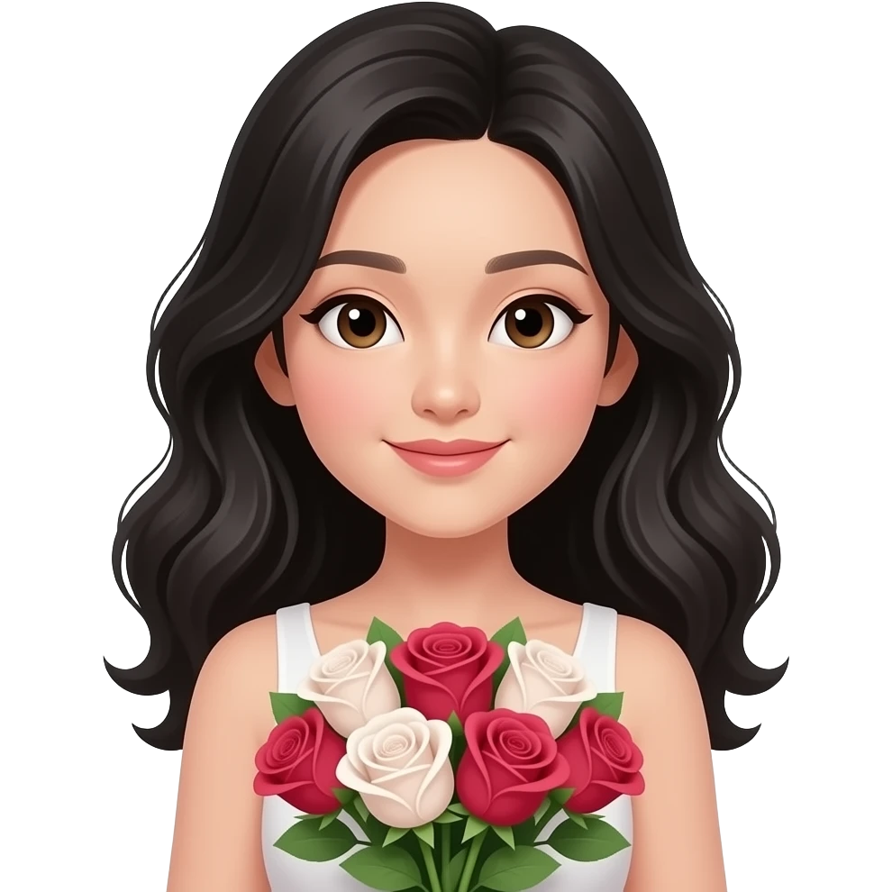 Mujer asiática recibiendo unas rosas, que la chica sea piel muy clara, cabello ondulado y negro y con ojos asiáticos emoji