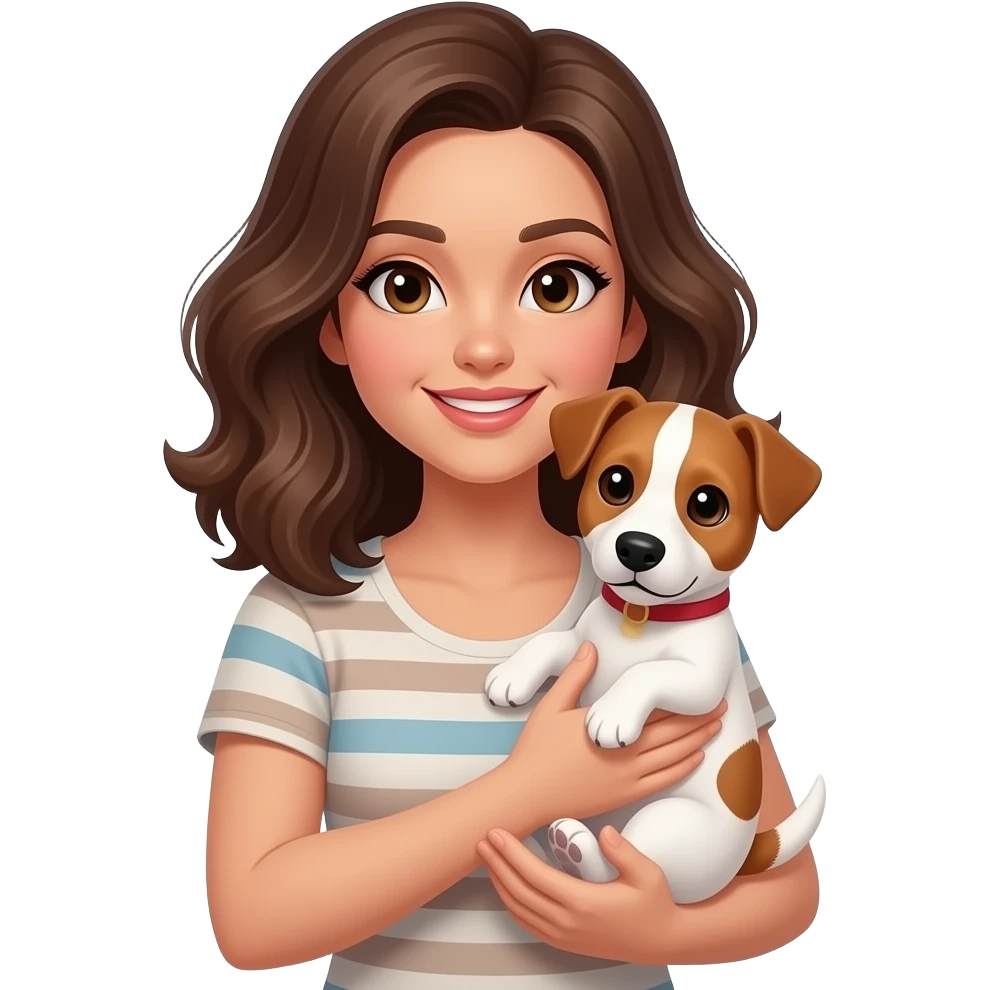 Brunette with medium length wavy hair with a causal top holding a Jack Russell puppy in her arms emoji