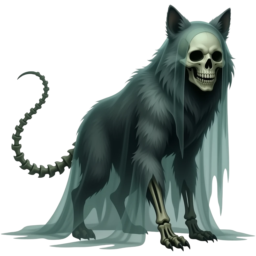 gory spectral spooky dark bleak greyish translucent diaphanous swampy gloomy ghostly dark dark-deep-greenish foggy eldritch scary realistic edgy fantasy ghoul-like vernid-sergal-fursona animal creature with a long thin bony tail and skull-face full body emoji