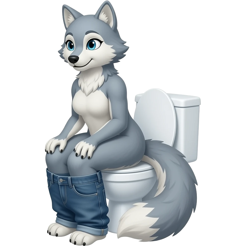 Female wolf furry woman person sitting on toilet pants off,side view,fursona emoji