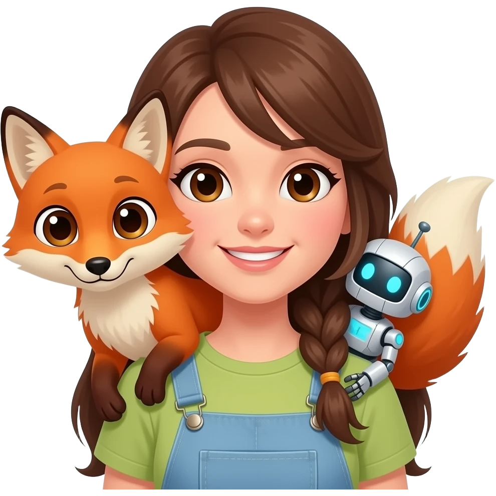woman with brown hair carrying a fox robot emoji