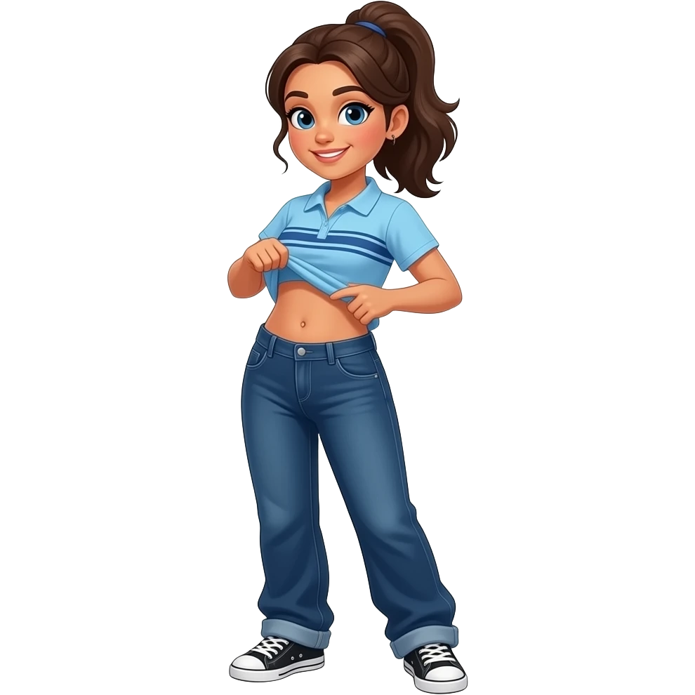 Hispanic woman with brown ponytail and blue eyes light blue dark blue lined polo and dark blue baggy jeans and belly button and black and white sneakers lifting her shirt funny belly trick emoji