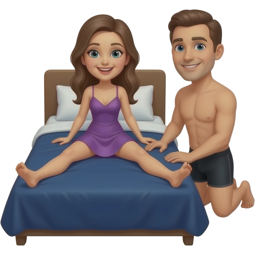 woman, in purple chemise, laying legs apart, on navy blue king size bed, with man kneeling beside her on the bed with black boxer shorts on, she is smiling, he is smirking emoji
