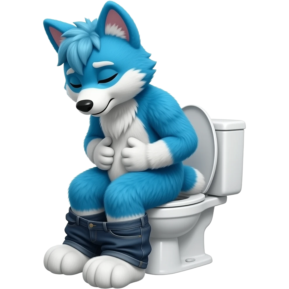blue fursuit sitting on toilet, side view, pants down, hands on stomach, straining, eyes closed emoji