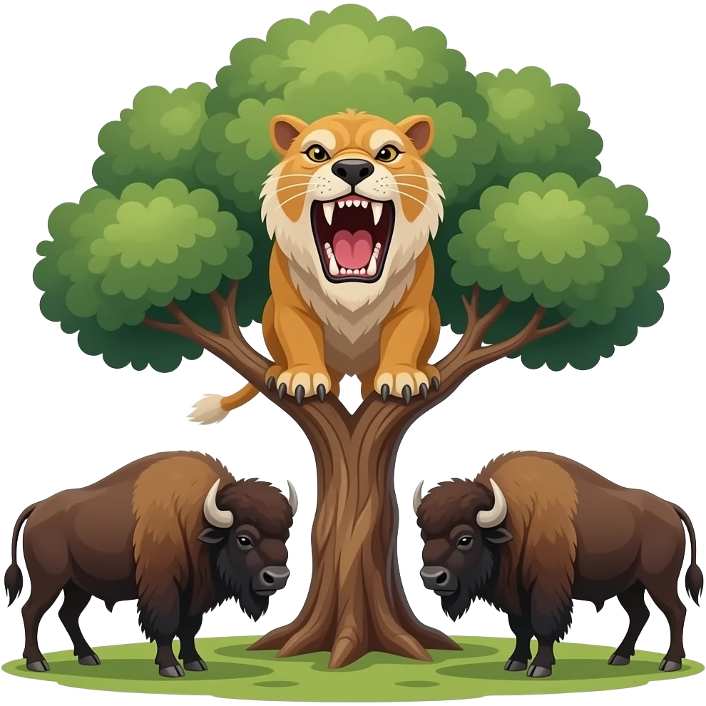 Smilodon roars in a tree with bison circling it emoji