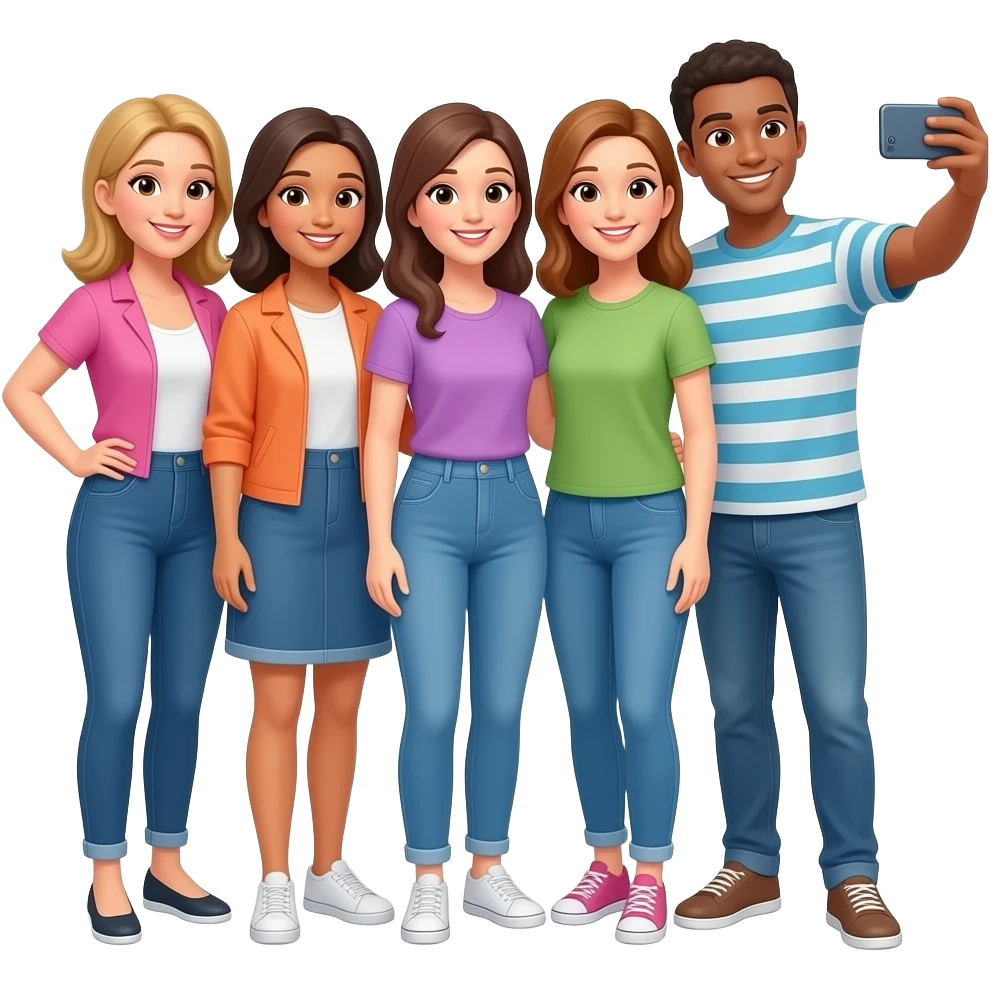 un gruppo di persone che lavorano in piedi, vestite casual. 3 donne e due uomini, che si scattano selfie emoji