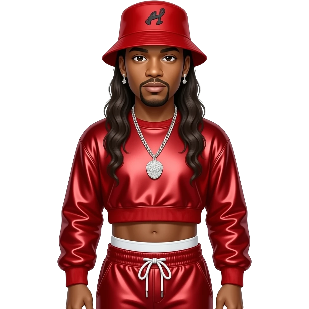 LL Cool J with red bucket hat, red metallic sweatshirt crop top, red metallic sassy joggers with white undies, necklace and earrings emoji
