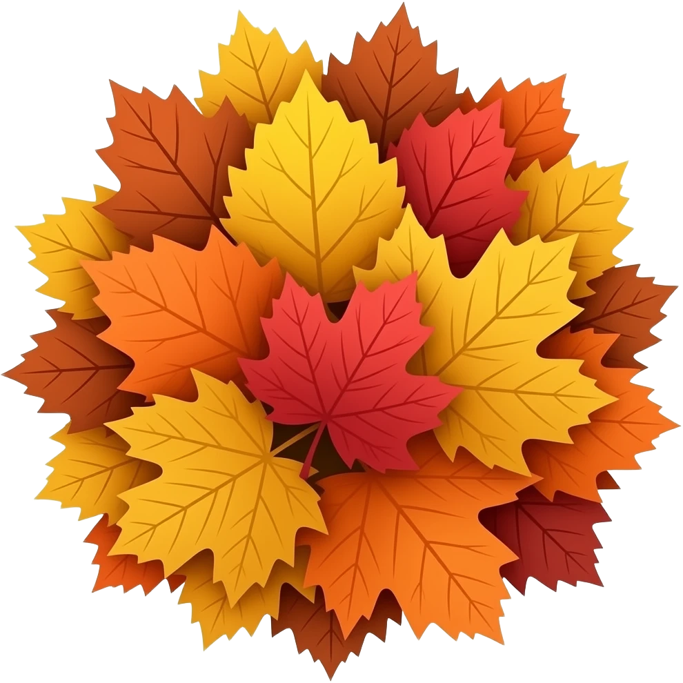 A clustered swirl of autumn leaves in orange, red, and yellow on a clean white background, overlapping in mid-fall with visible veins and varied sizes. emoji