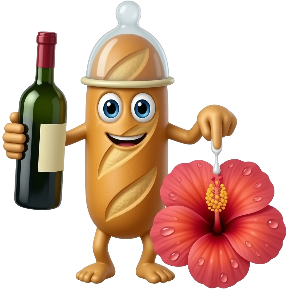 Baguette avec bouche yeux et bras, avec un preservatif sur le haut de la tete et une bouteille de vin dans la main. L'autre main a 2 doigts tendus et collés touchant le centre d'un hibiscus qui a beaucoup de gouttes d'eau sur les petales. Le bout du preservatif est rempli d'un liquide blanc emoji