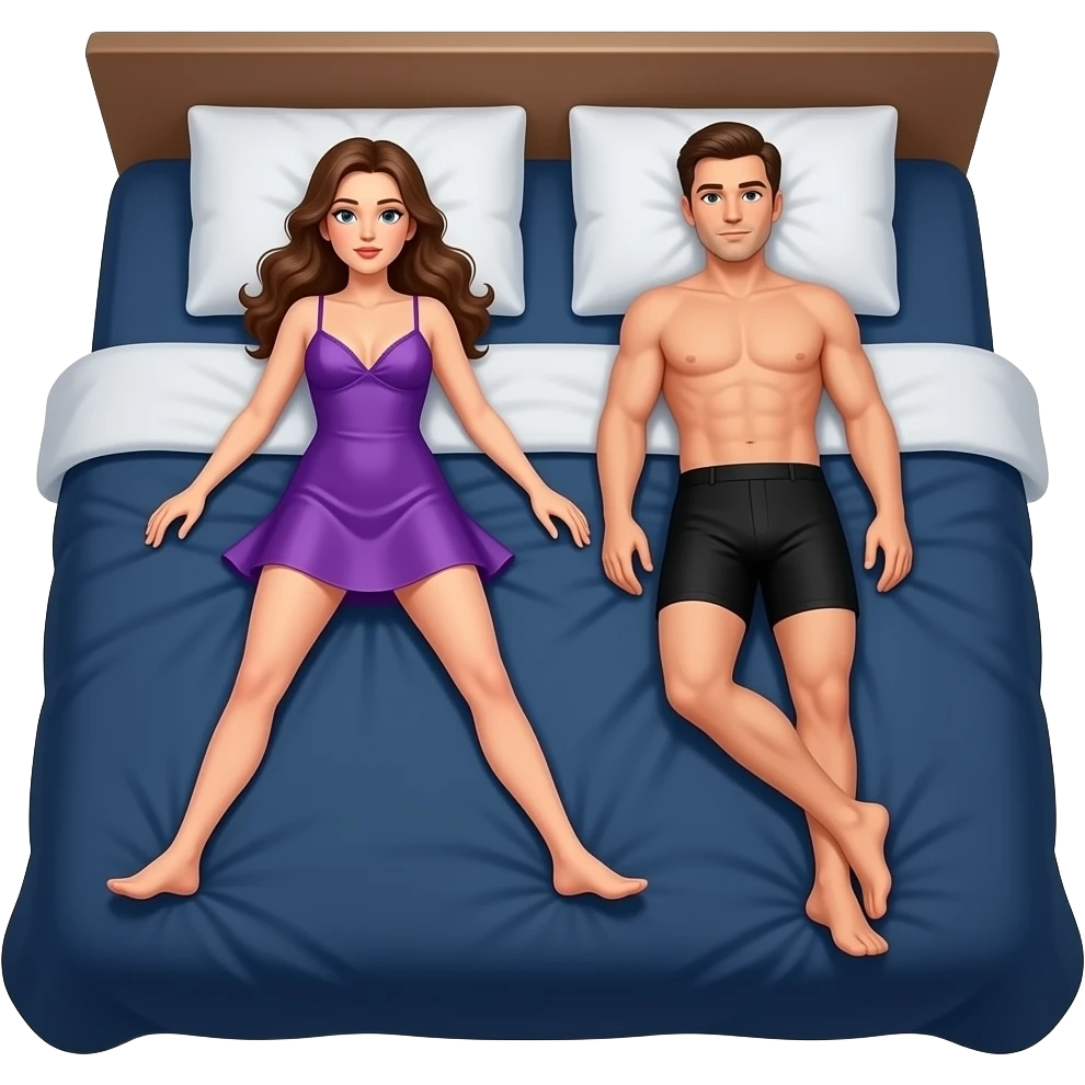 woman, in purple chemise, laying legs apart, on navy blue king size bed, with man laying beside her with black boxer shorts on emoji