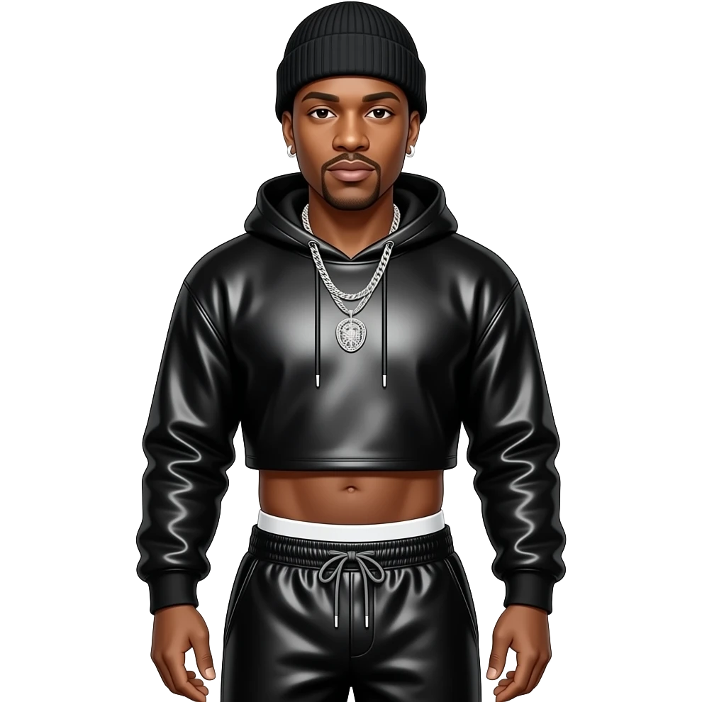 LL Cool J with black beanie, black metallic sweatshirt crop top, black metallic sassy joggers with white undies, necklace and earrings emoji