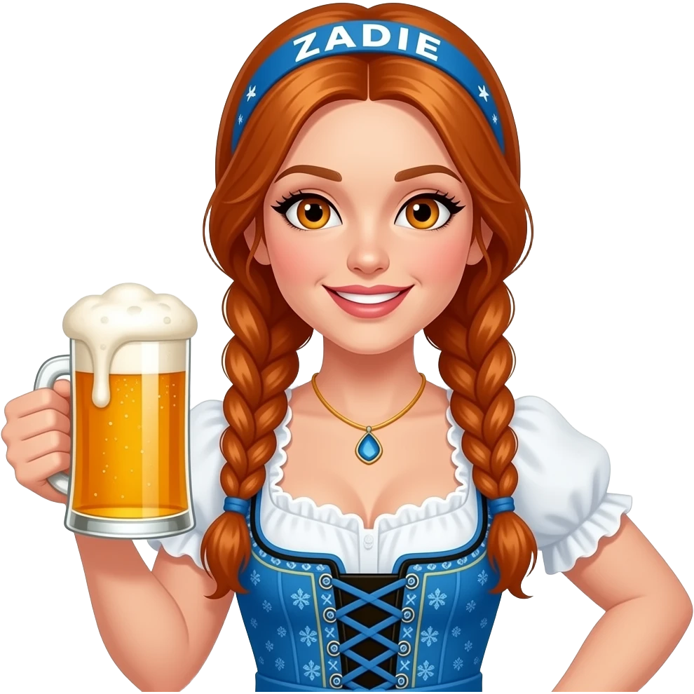 sexy girl with overlong ginger braids and ginger eyes wearing a blue dirndl and a blue headband with ZADIE written on it, is holding a mass beer emoji