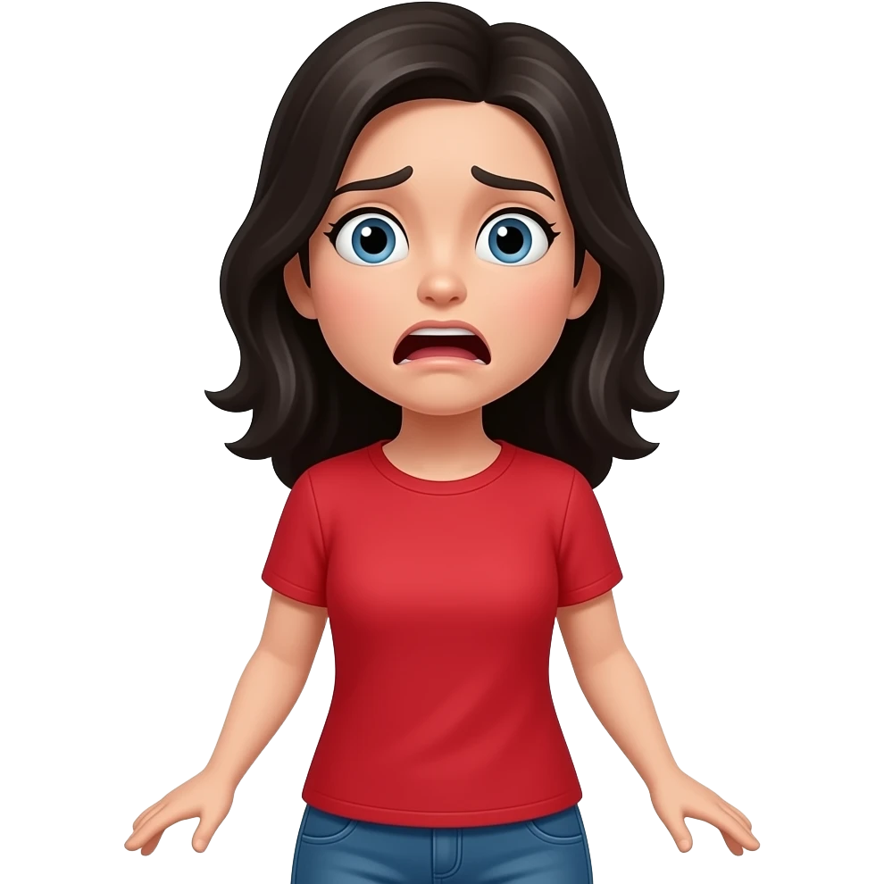 woman with black hair and a red shirt scared. Full body emoji