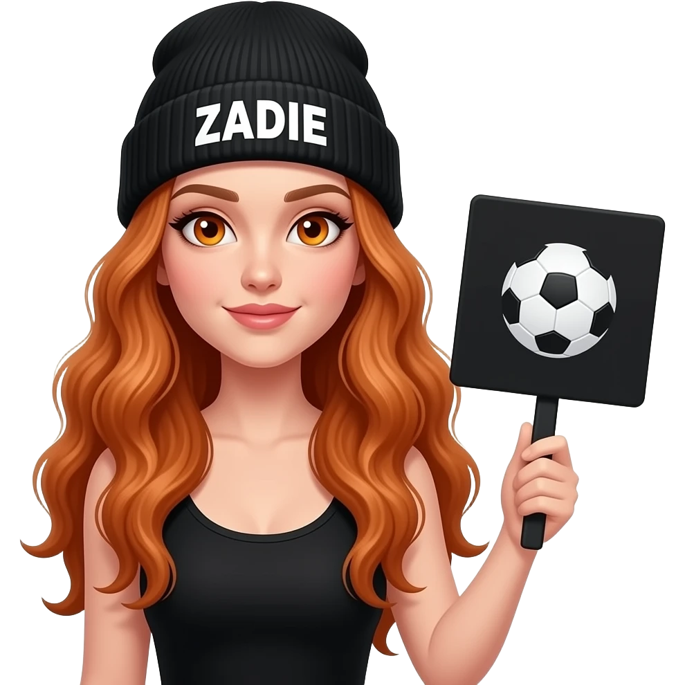 sexy girl with overlong wavy ginger hair and ginger eyes wearing a black tanktop and a black beanie with ZADIE written on it, is holding a black sign with ⚽️ on it emoji