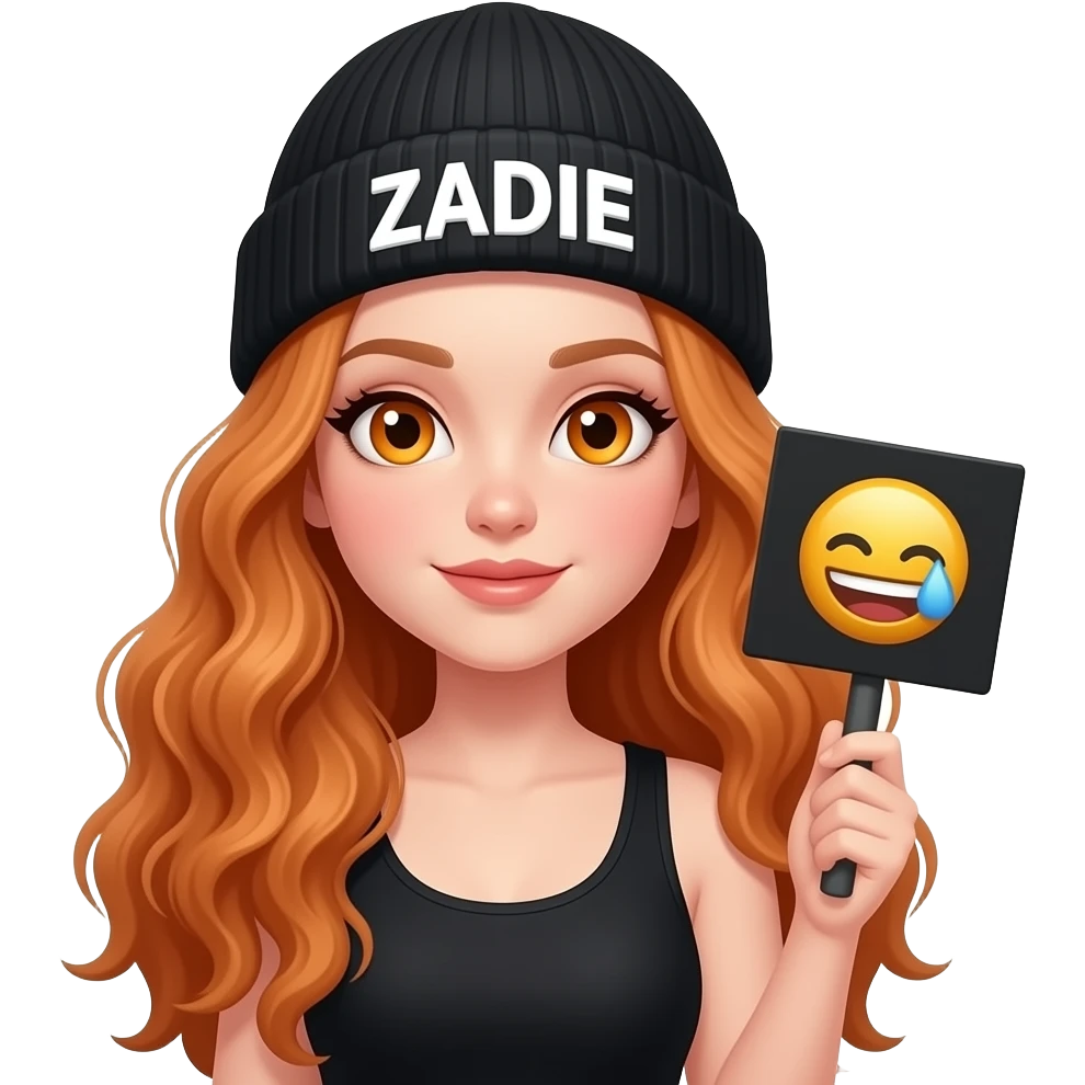 sexy girl with overlong wavy ginger hair and ginger eyes wearing a black tanktop and a black beanie with ZADIE written on it, is holding a black sign with 🤬 on it emoji