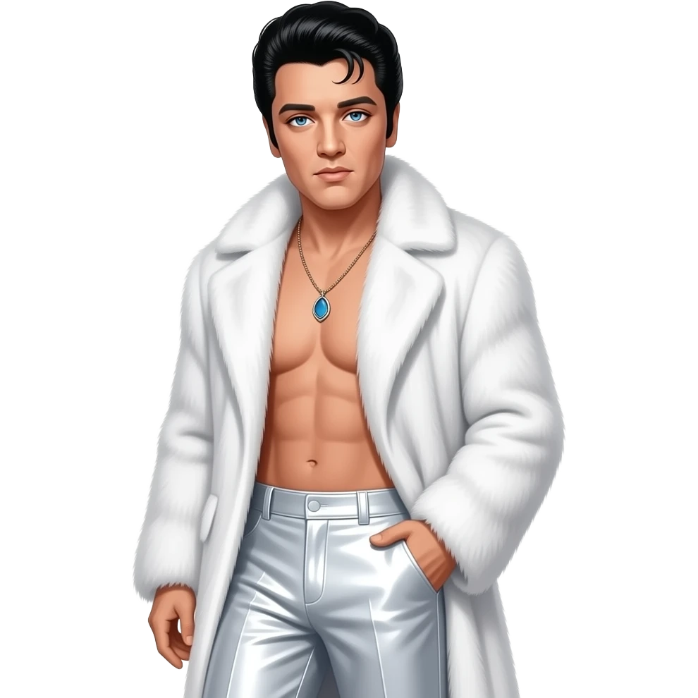Elvis Presley with blue eyes, black hair, white fur coat, white metallic baggy pants, shirtless with necklace emoji