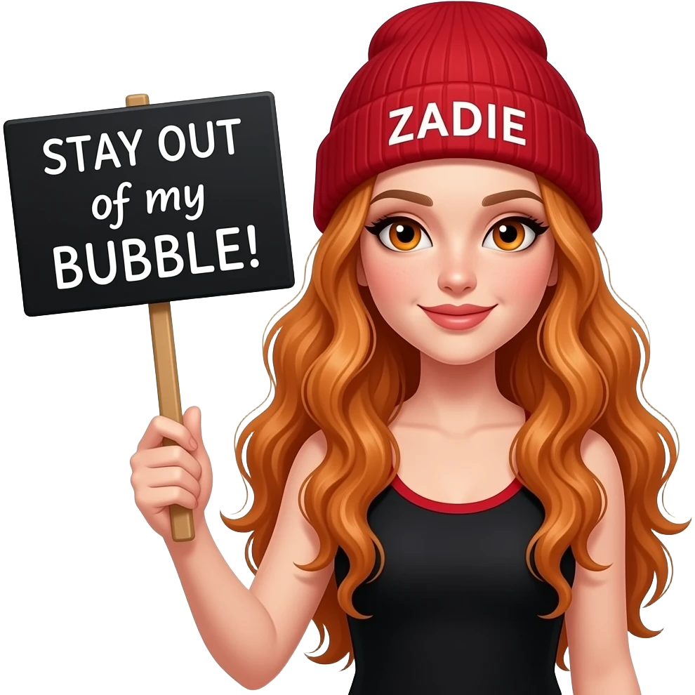 sexy girl with overlong wavy ginger hair and ginger eyes wearing a black red tanktop and a red beanie with ZADIE written on it, is holding a black sign with STAY OUT of my BUBBLE! written on it emoji