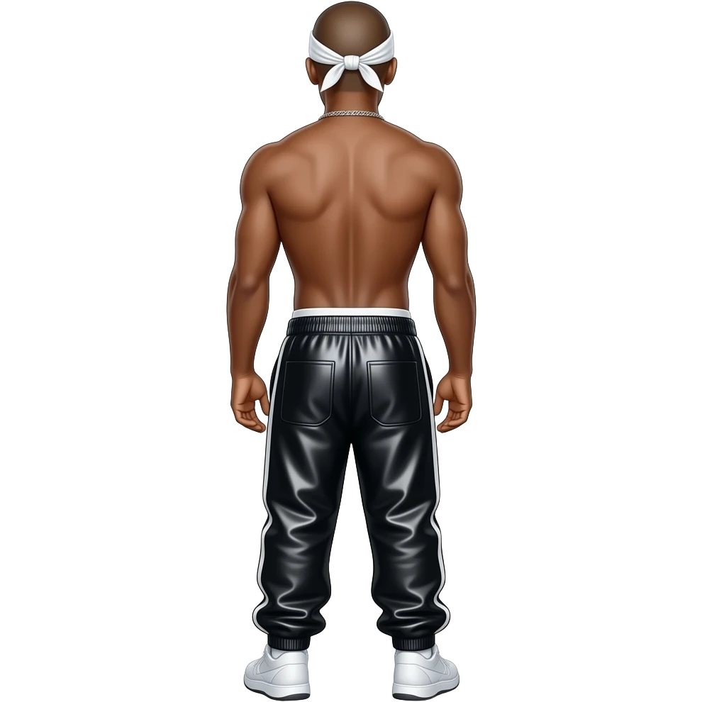 Tupac from behind with bald, white headscarf, black metallic saggy joggers with white undies, shirtless with necklace emoji