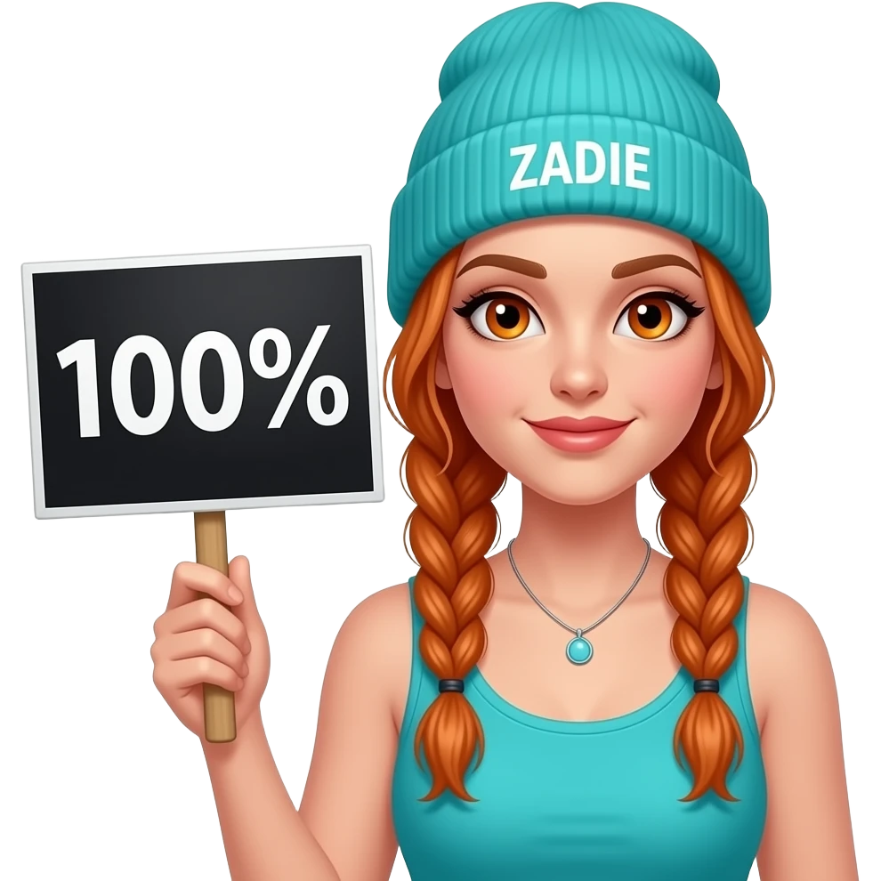 sexy girl with overlong ginger braids and ginger eyes wearing a turquoise tanktop and a turquoise beanie with ZADIE written on it, is holding a black sign with 100% written on it emoji