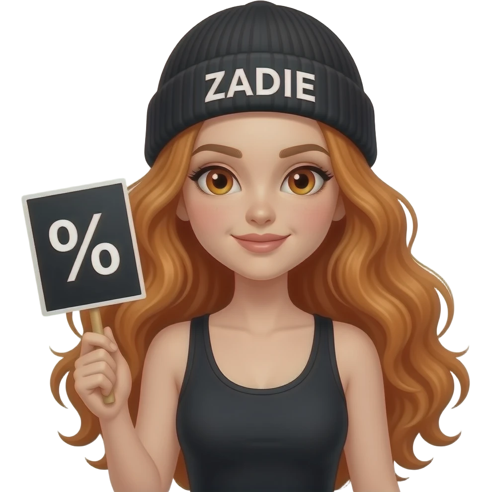 sexy girl with overlong wavy ginger hair and ginger eyes wearing a black tanktop and a black beanie with ZADIE written on it, is holding a black sign with 💯 on it emoji