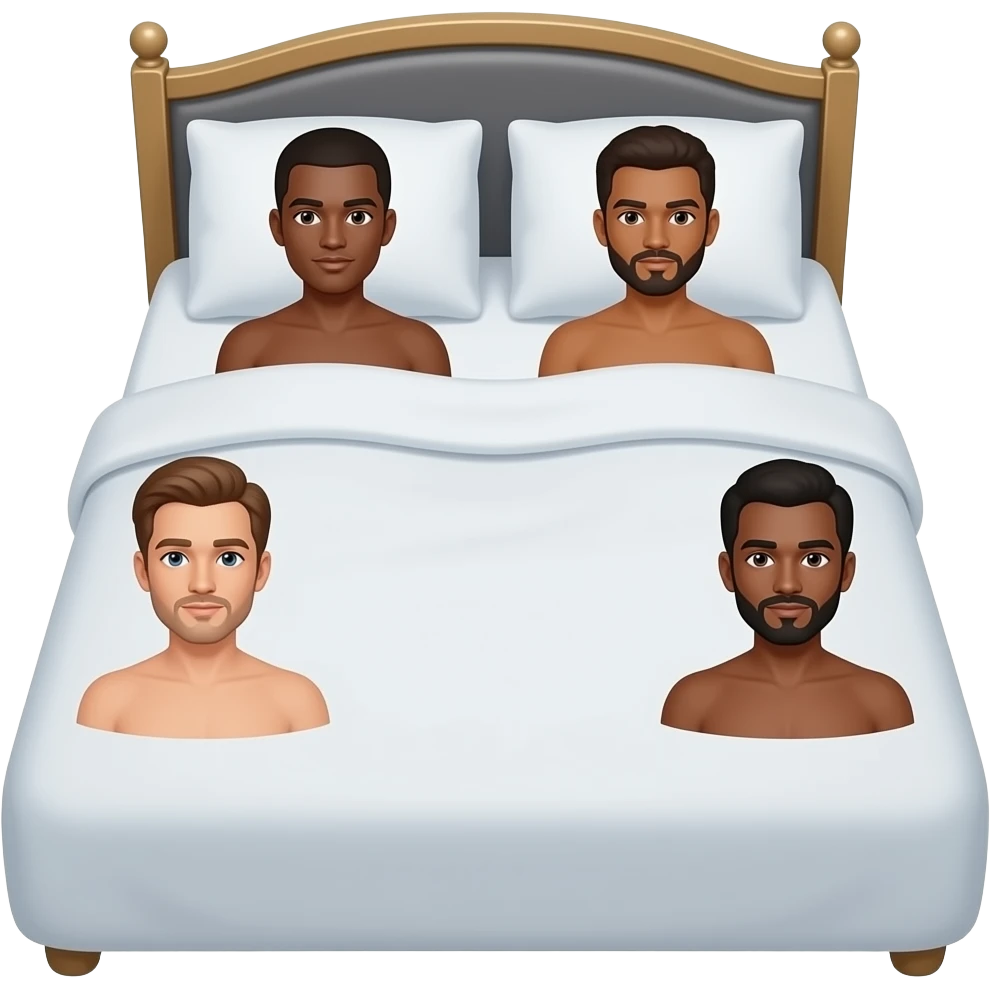 Bed with several naked brown men emoji