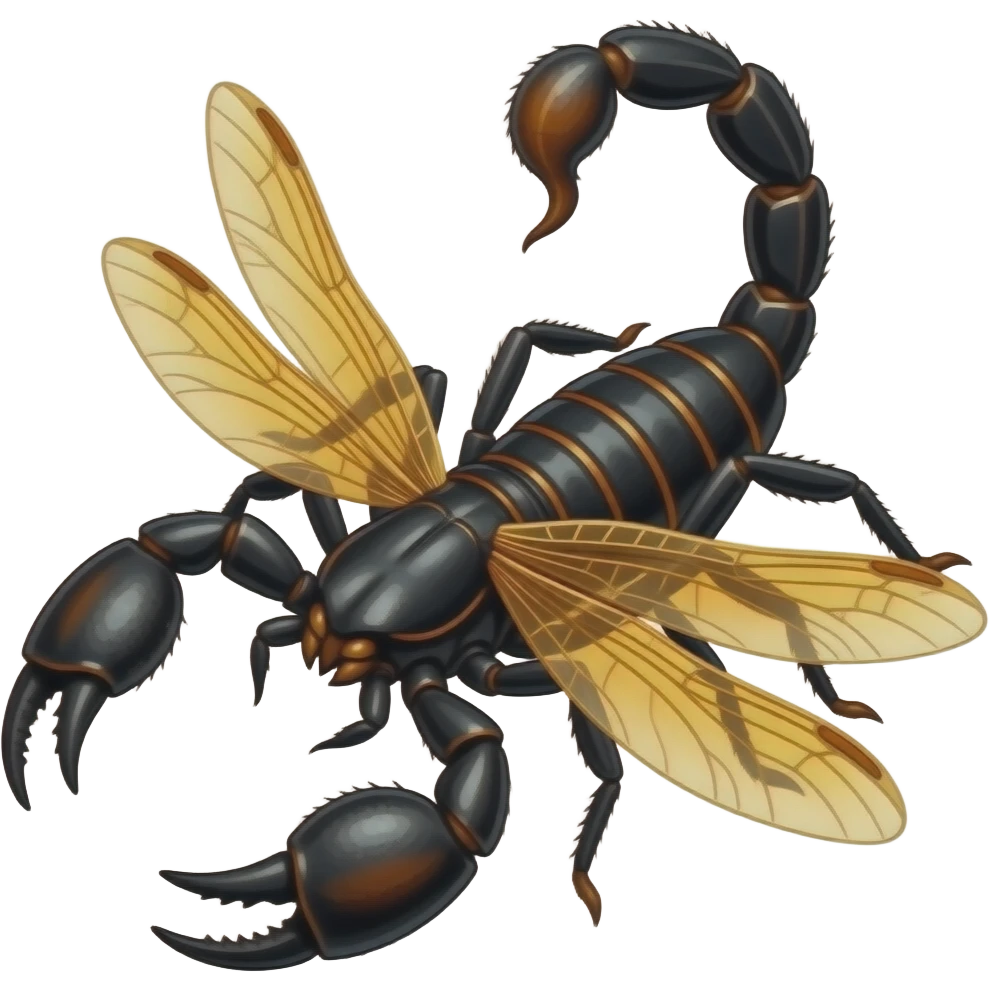 A "black widow spider", with dragonfly wings and a scorpion tail, scorpion pinchers,  and stinger posed to strike emoji