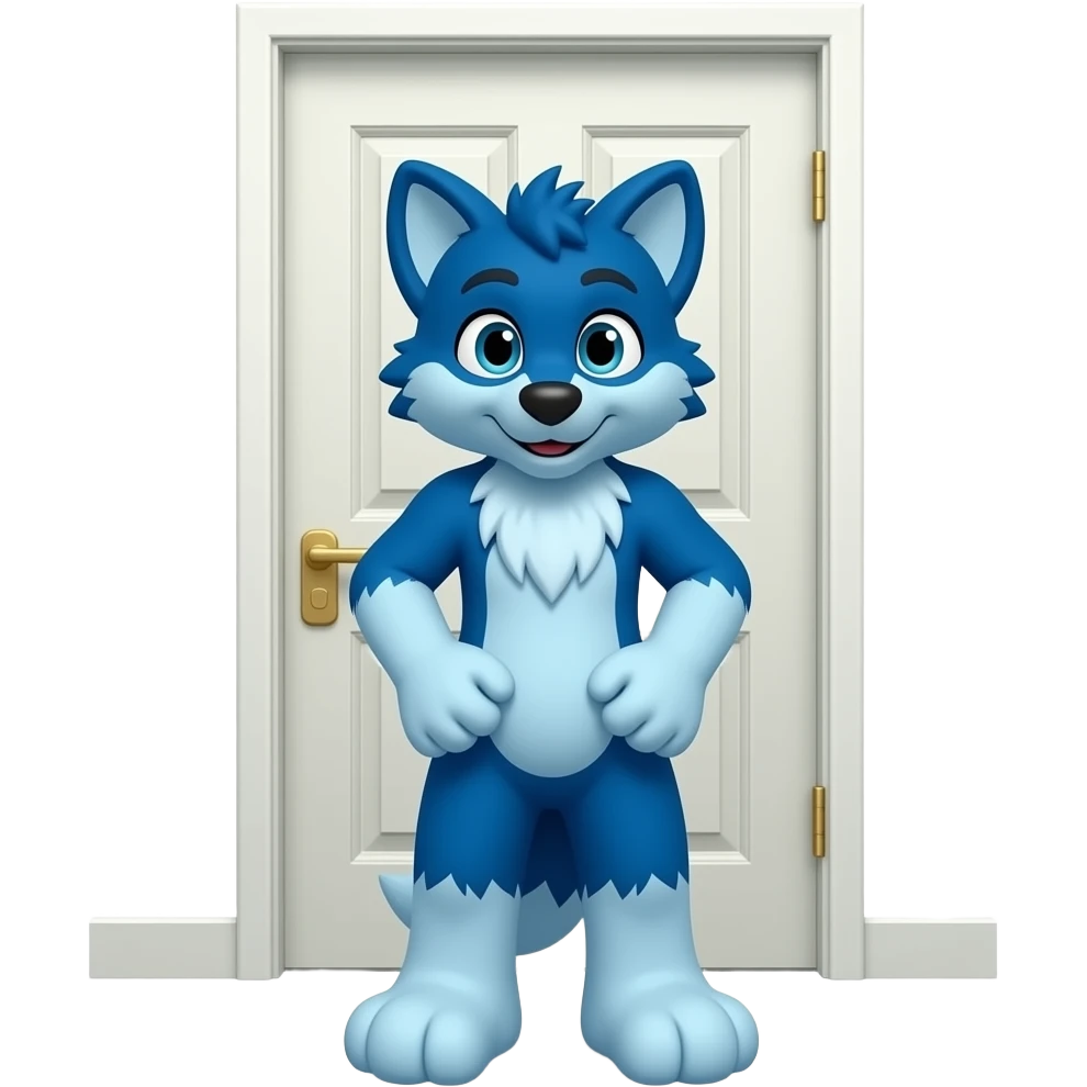 blue fursiut standing outside bathroom door, hands on butt emoji