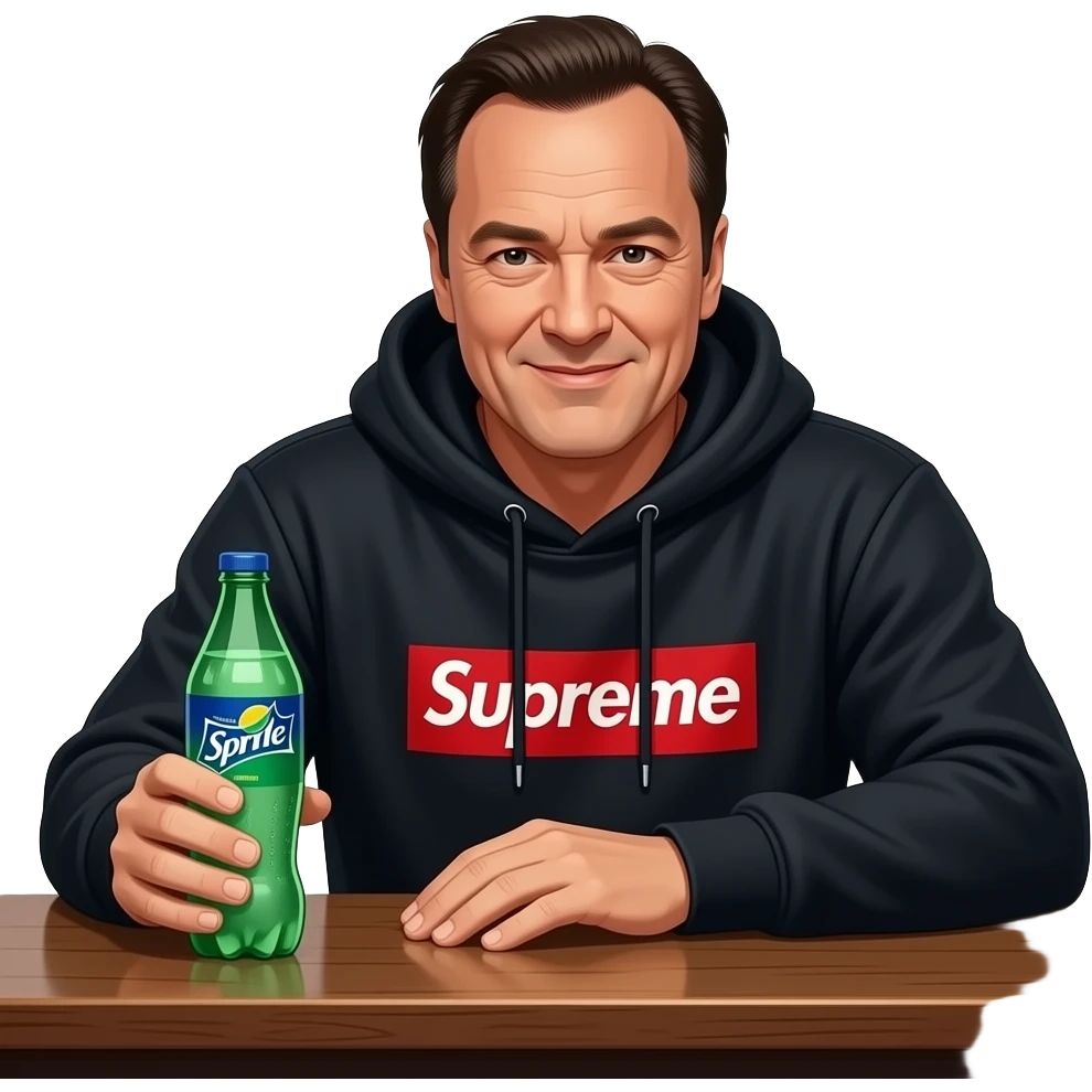 Квентин тарантино сидит в темной кофте supreme с капюшоном за барной стойкой в руке бутылка sprite emoji