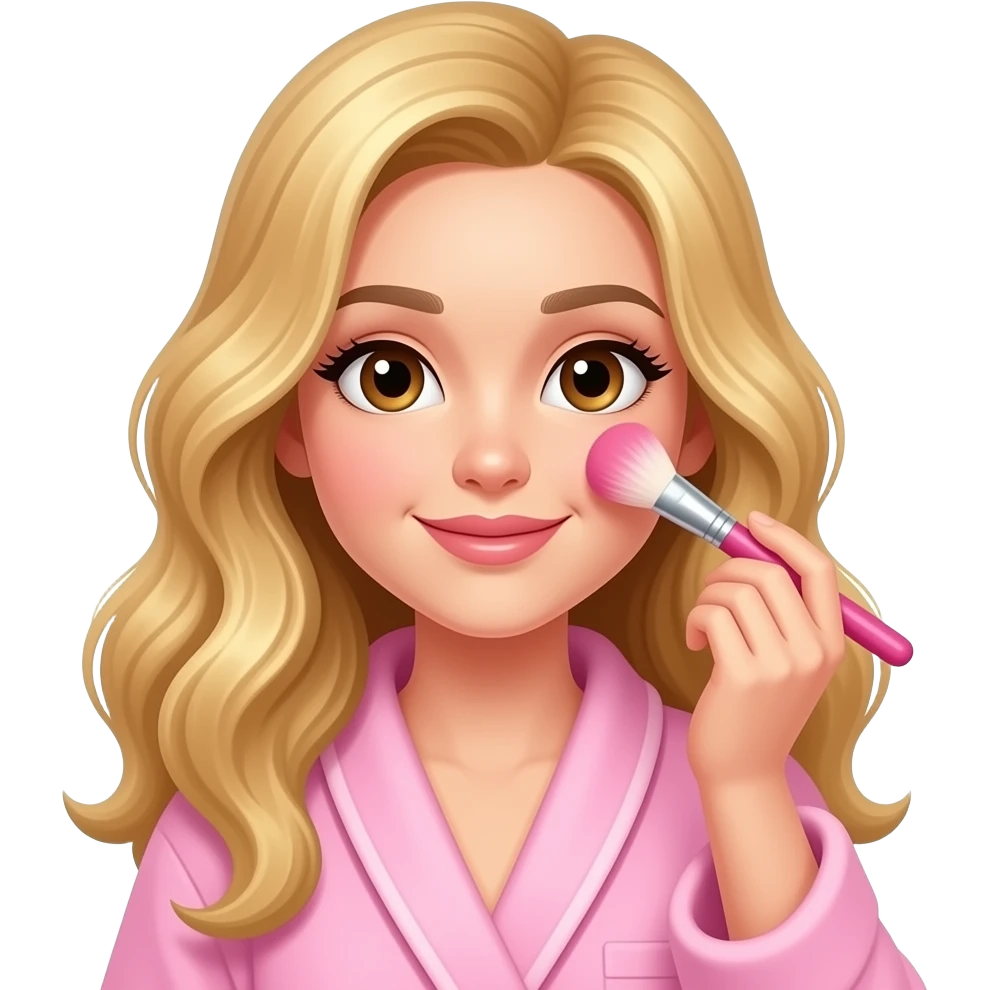 Menina loira de cabelo longo loiro ondulado e olhos castanhos se maquiando com pincel rosa e usando um roupão rosa bb emoji
