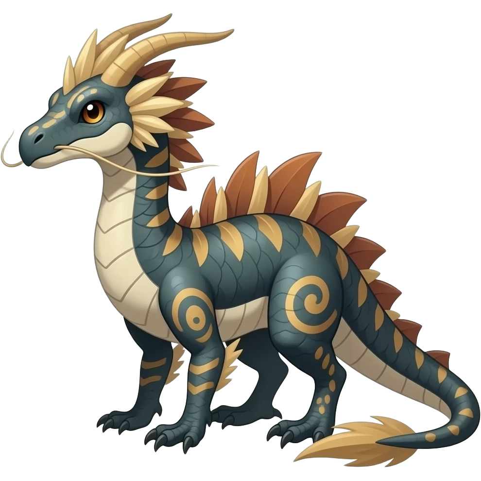 scaly shiny frilled spiky frilly feathery raptorik finned patterned tribal-patterned digitigrade quadrupedal Vaporeon-Salandit-Umbreon-Salamence-hybrid with long thin dragon whiskers emoji