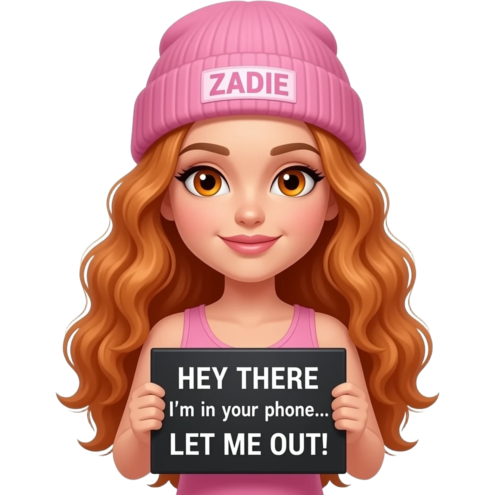 sexy girl with overlong wavy ginger hair and ginger eyes wearing a pink tanktop and a pink beanie with ZADIE written on it, is holding a black sign with HEY THERE I'm in your phone... LET ME OUT! written on it emoji